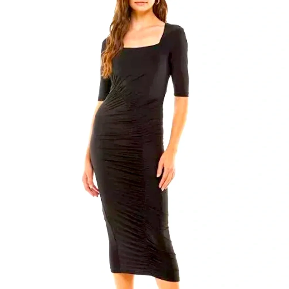WAYF Rigby Stretch Satin Ruched Midi Dress - Picture 1 of 3